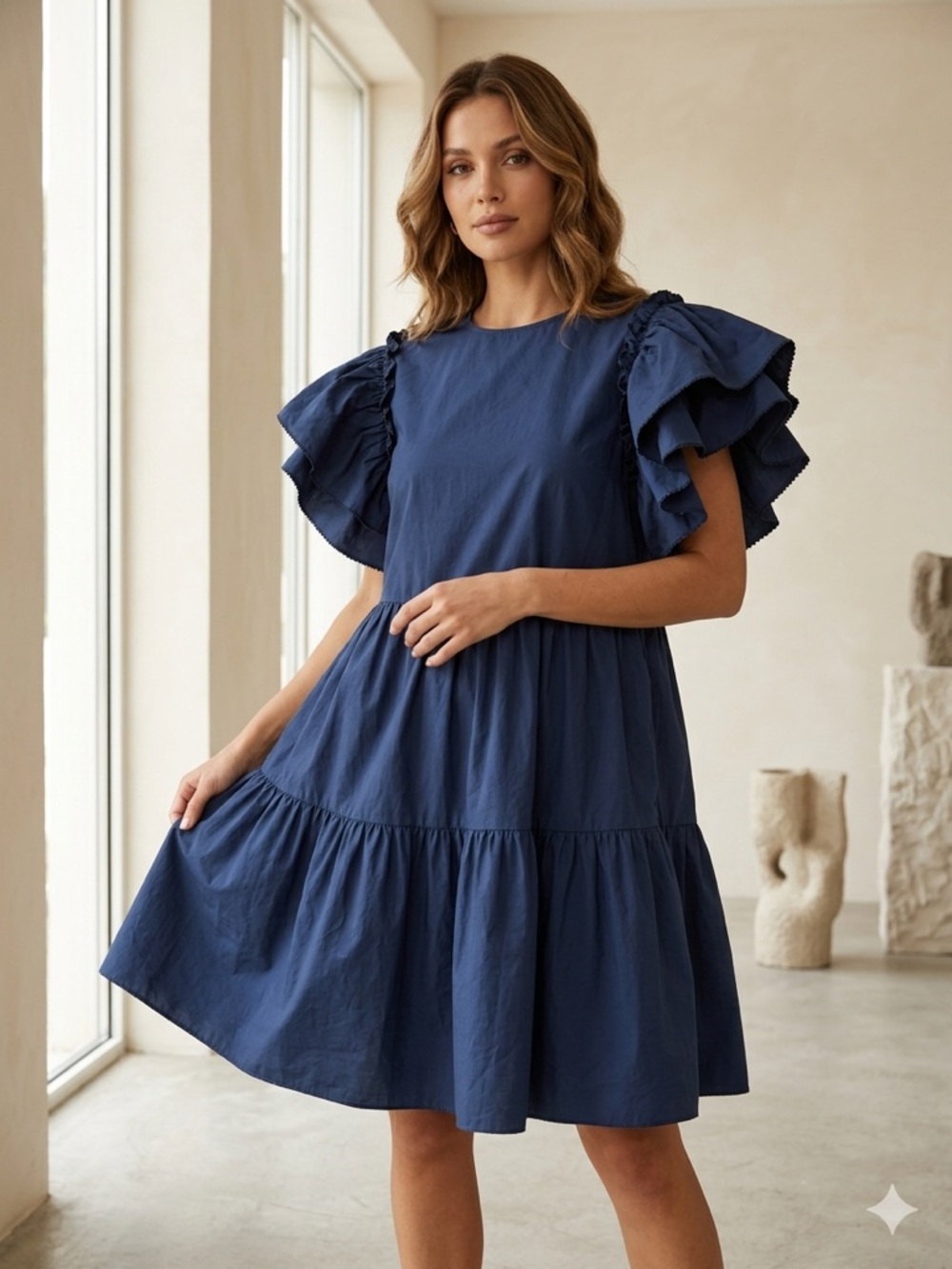 Chepe Ansaldo Poplin Navy Blue Ruffled Tiered Midi Italy Dress Flutter Sleeves